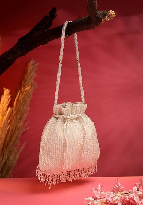 Dangle White And Silver Striped Embellished Faux Silk Potli