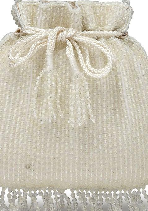 Dangle White And Silver Striped Embellished Faux Silk Potli