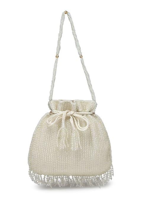 Dangle White And Silver Striped Embellished Faux Silk Potli