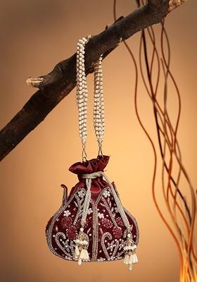 Lotus Dark Maroon And Gold Floral Embellished Velvet Potli