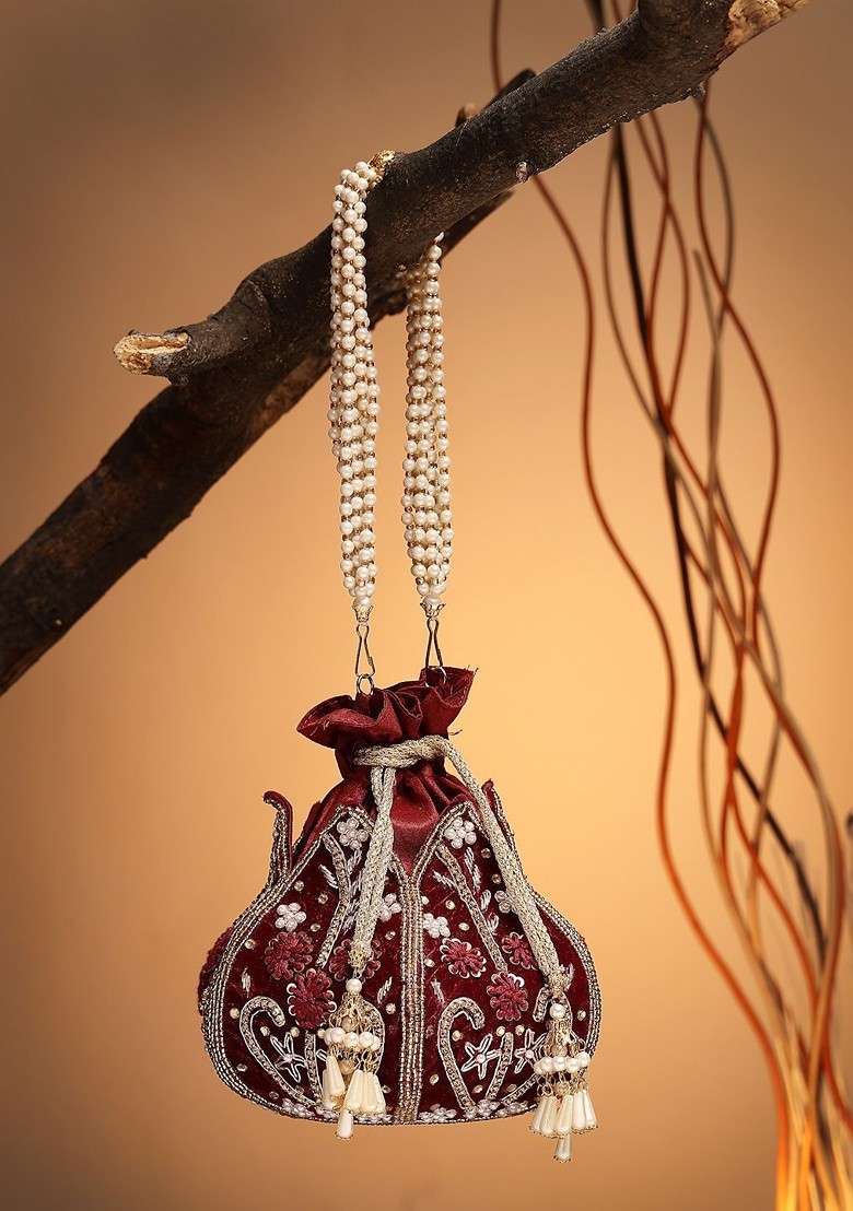Lotus Dark Maroon And Gold Floral Embellished Velvet Potli - Indya