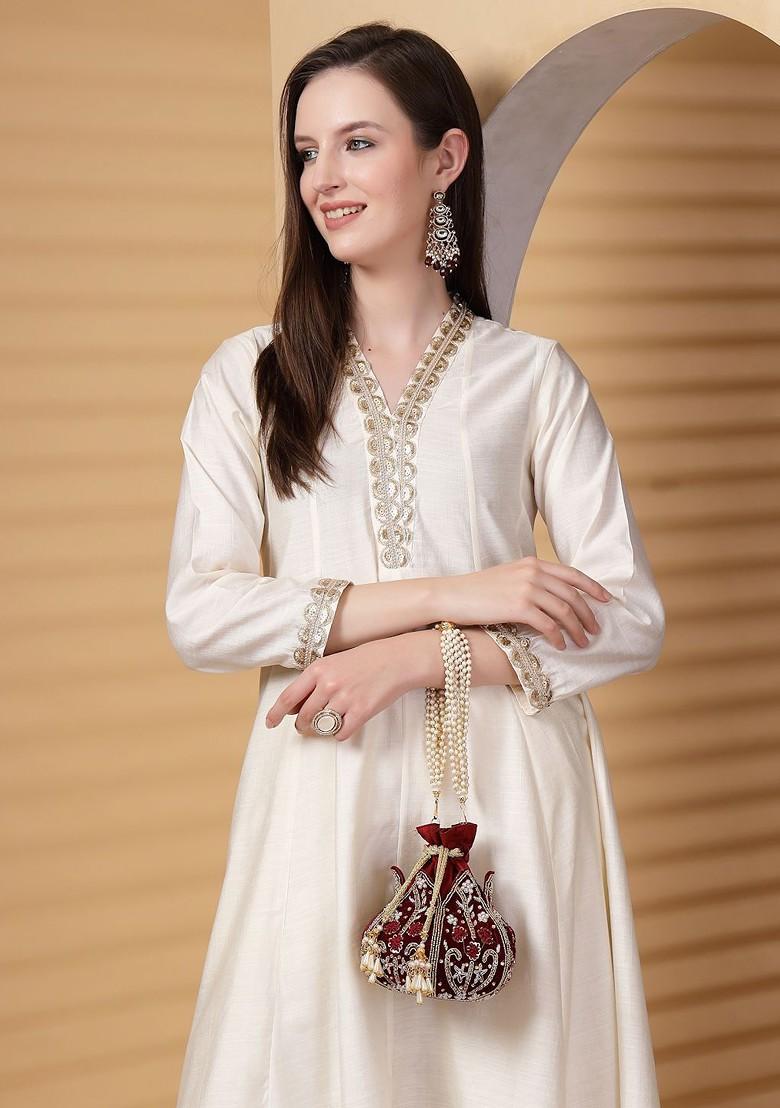 Lotus Dark Maroon And Gold Floral Embellished Velvet Potli