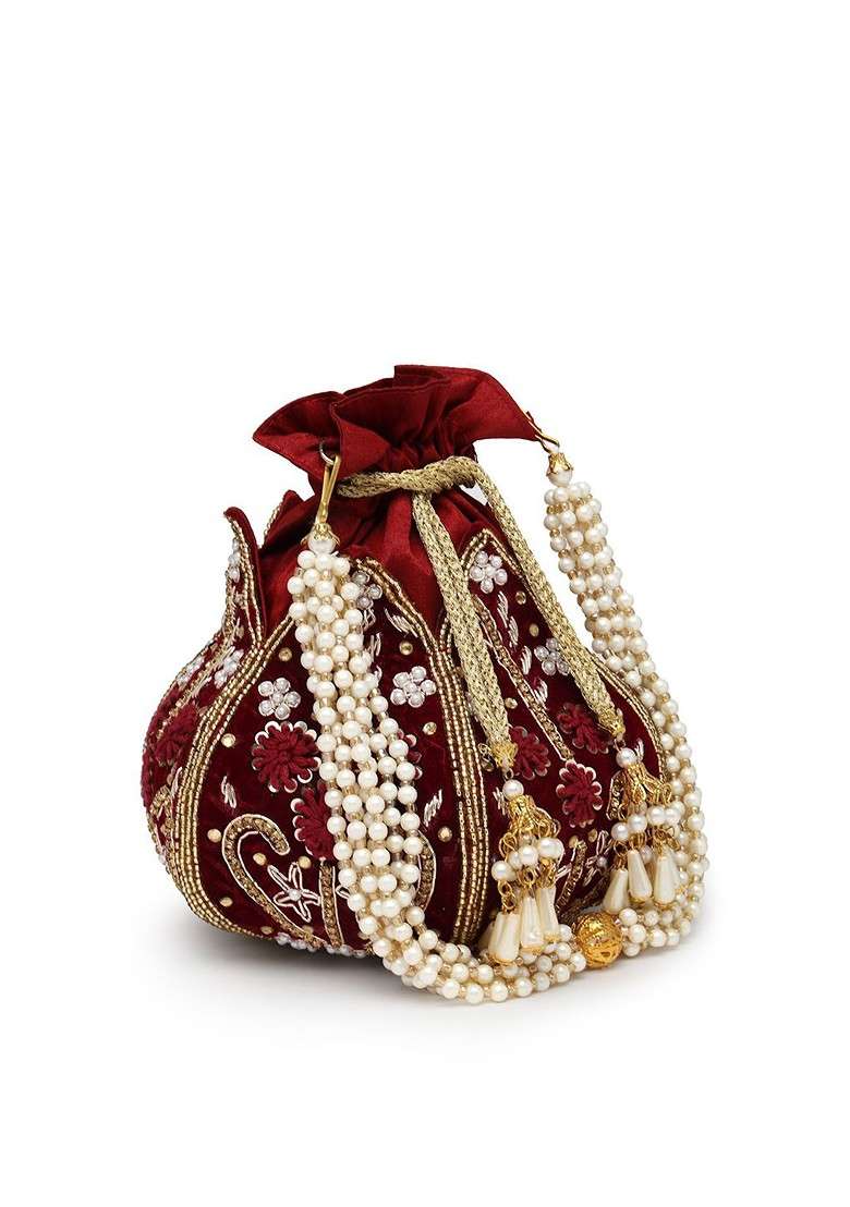 Lotus Dark Maroon And Gold Floral Embellished Velvet Potli - Indya