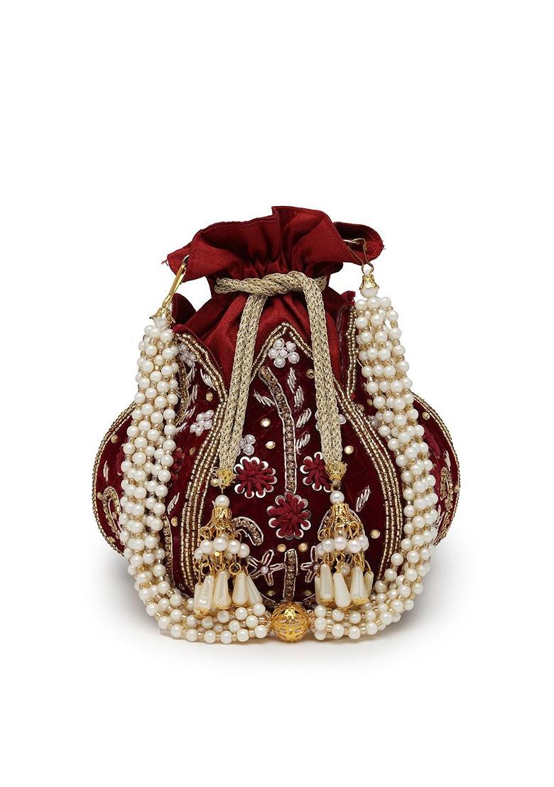 Lotus Dark Maroon And Gold Floral Embellished Velvet Potli