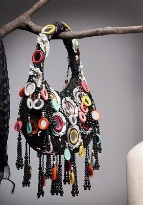 Tipify Black And Multi Mirror Work Embellished Velvet Purse