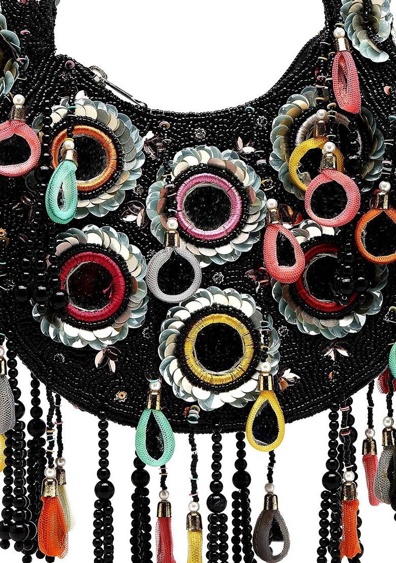Tipify Black And Multi Mirror Work Embellished Velvet Purse