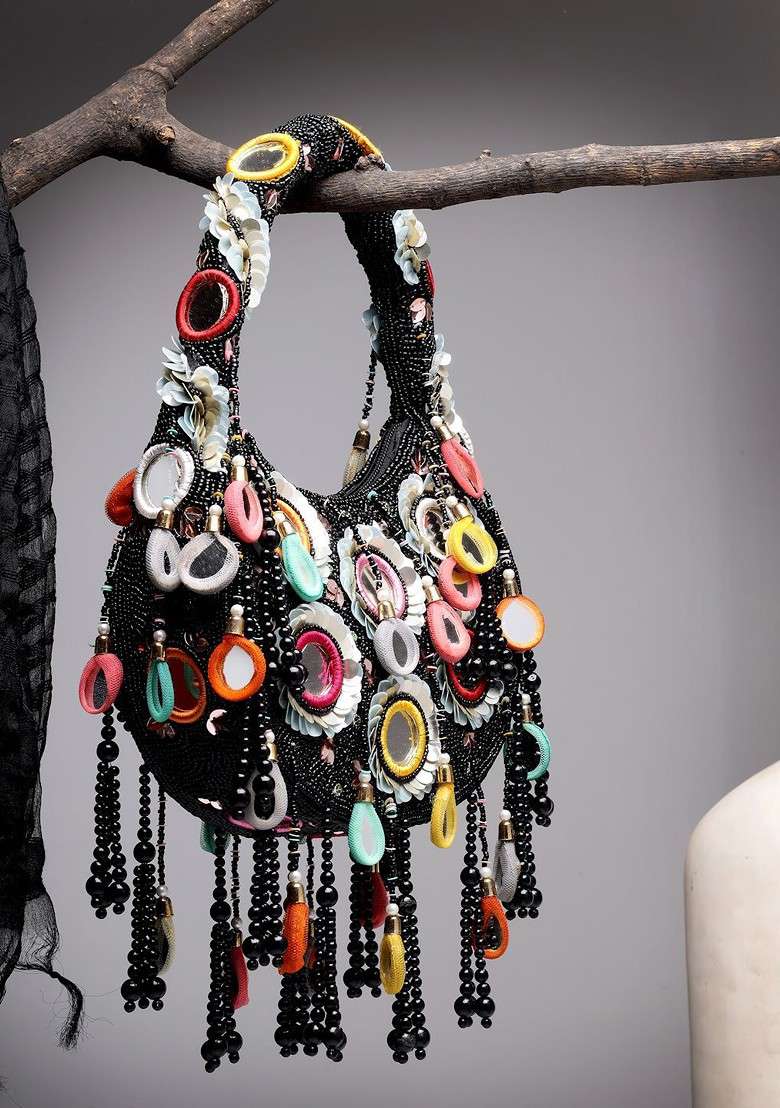 Tipify Black And Multi Mirror Work Embellished Velvet Purse - Indya