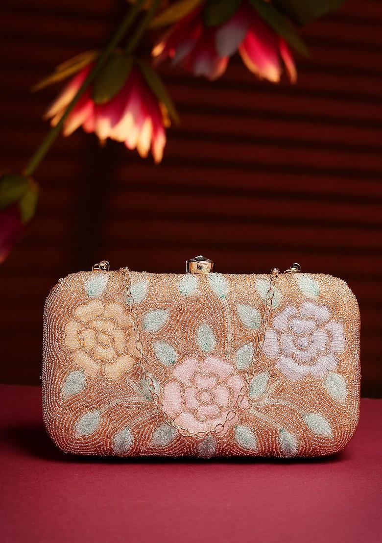 Gold And Pastel Multi Floral Embellished Fabric Clutch