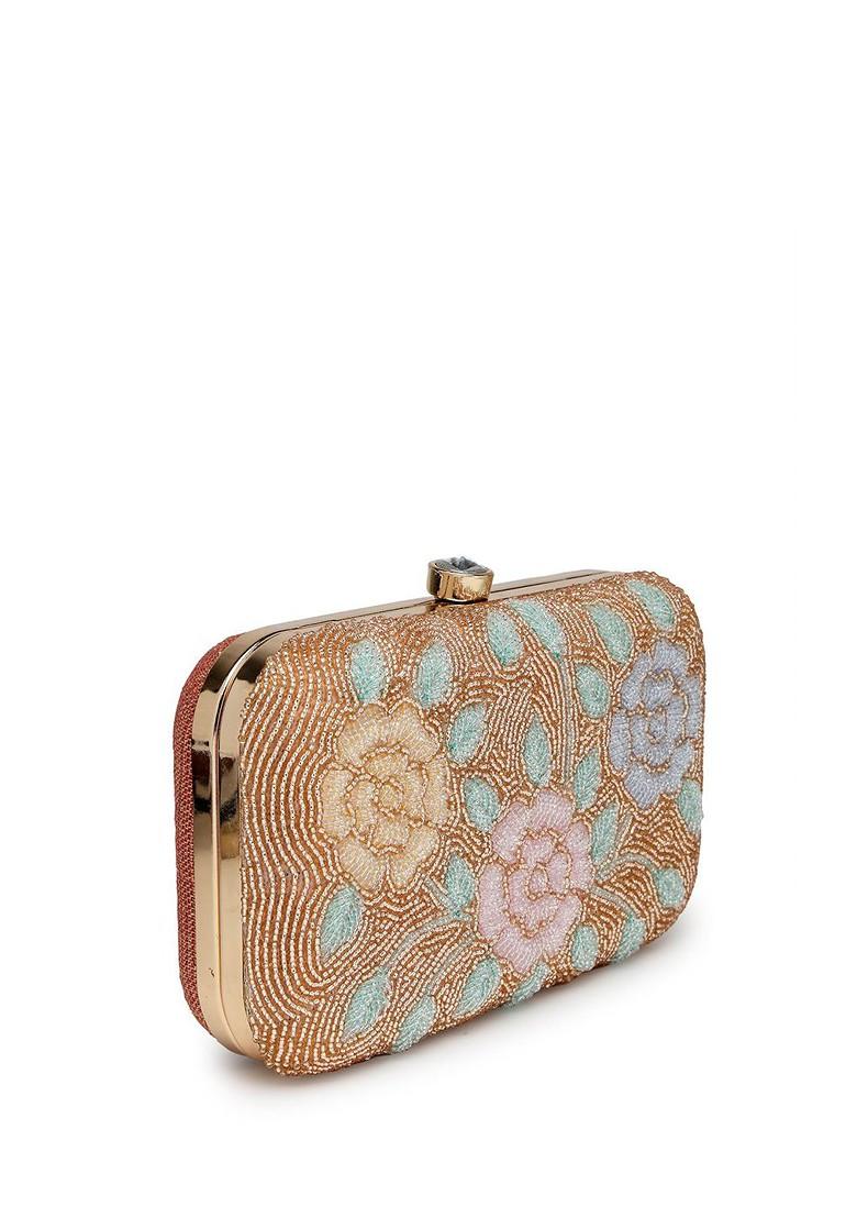 Gold And Pastel Multi Floral Embellished Fabric Clutch