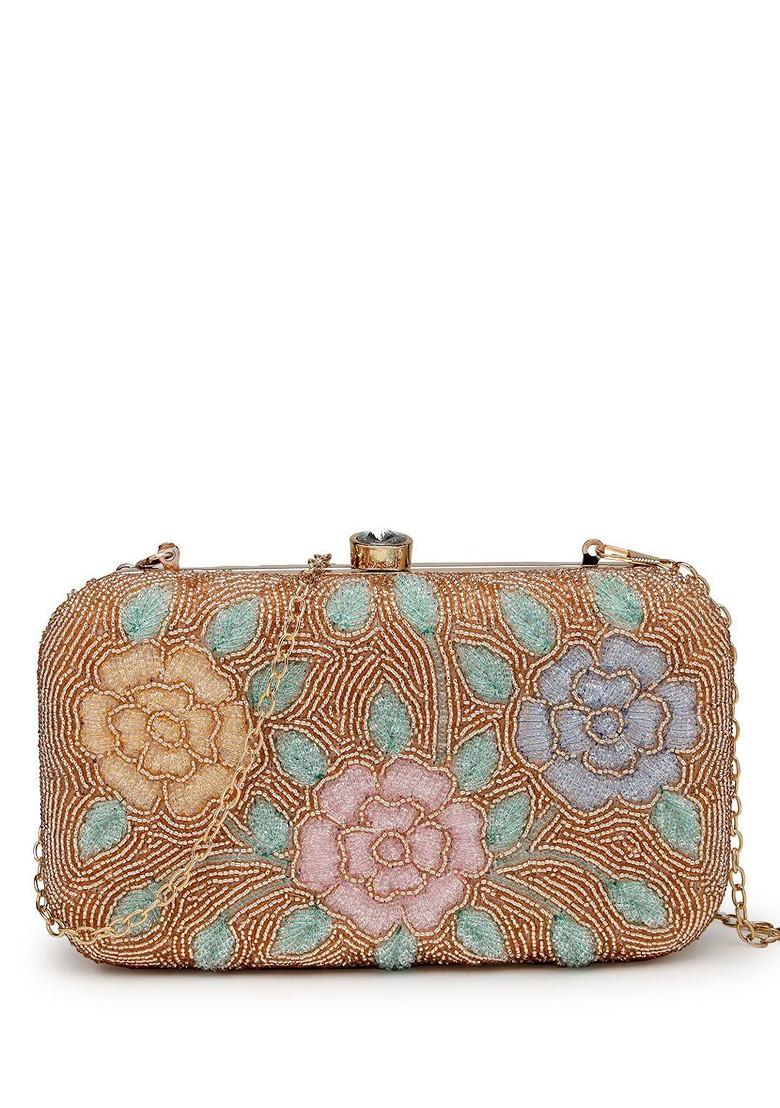 Gold And Pastel Multi Floral Embellished Fabric Clutch