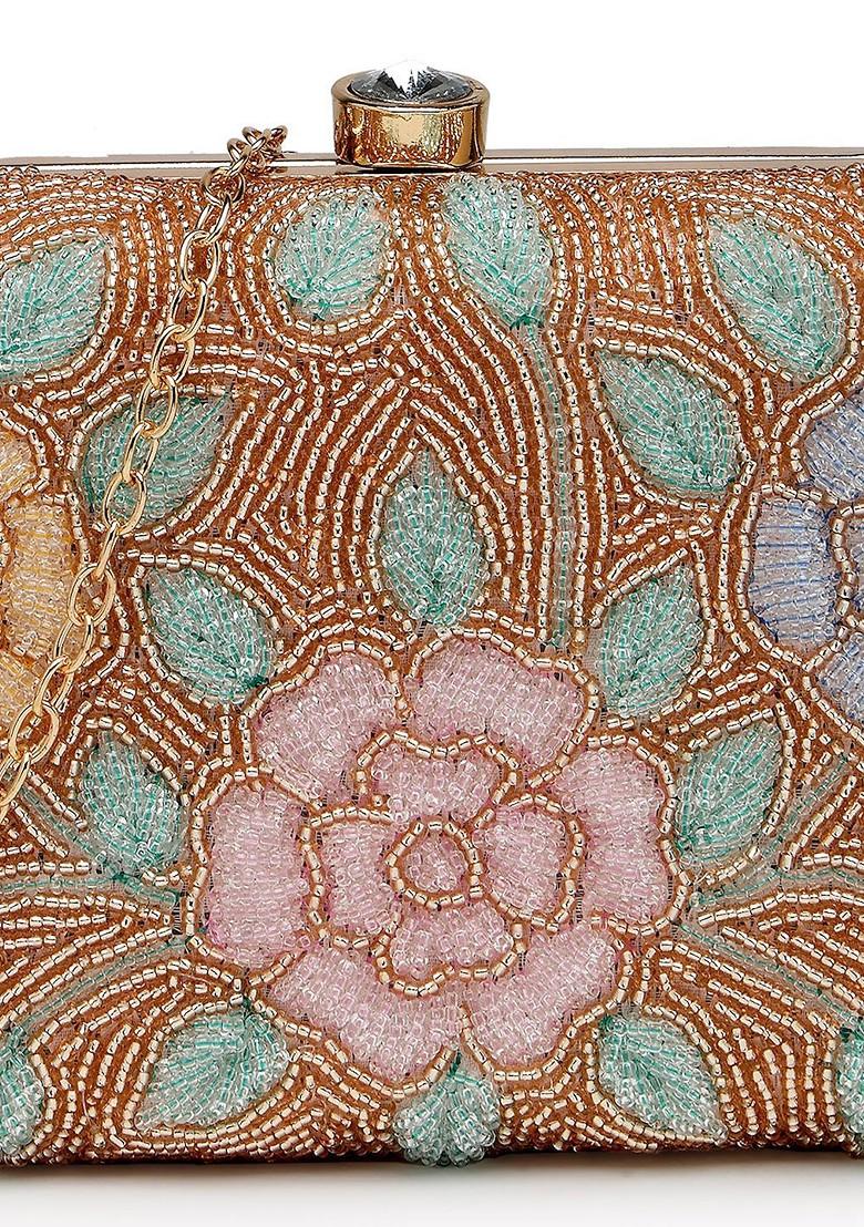 Gold And Pastel Multi Floral Embellished Fabric Clutch