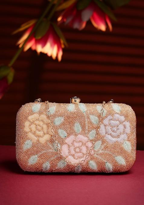 Gold And Pastel Multi Floral Embellished Fabric Clutch
