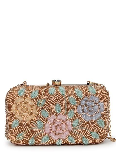 Gold And Pastel Multi Floral Embellished Fabric Clutch