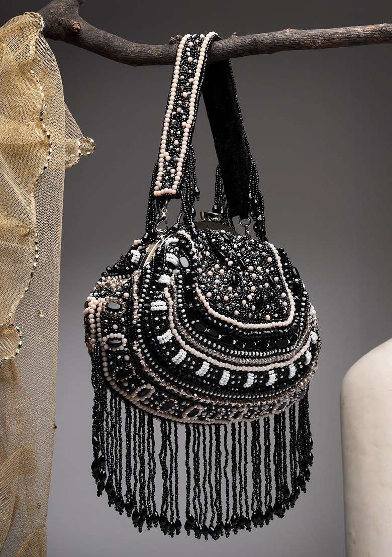 Embellished Beaded Tasselled Silk Purse Clutch - Indya