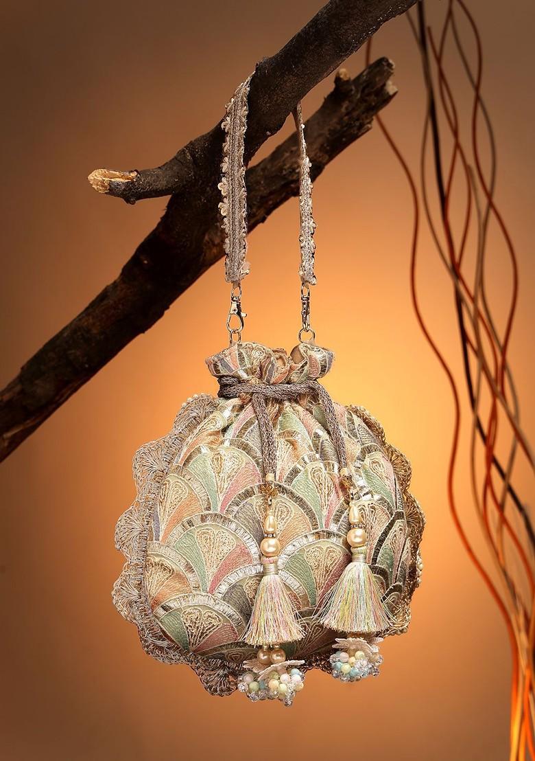 Dangle Champagne Gold And Pastel Multi Scale Embroidered Georgette Potli