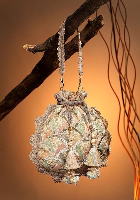 Dangle Champagne Gold And Pastel Multi Scale Embroidered Georgette Potli