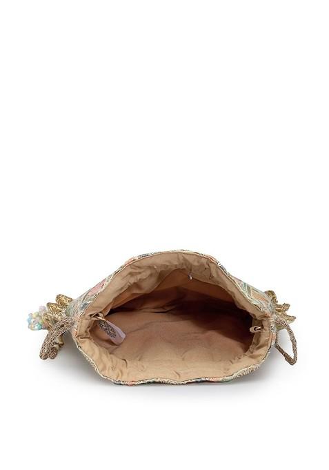 Dangle Champagne Gold And Pastel Multi Scale Embroidered Georgette Potli