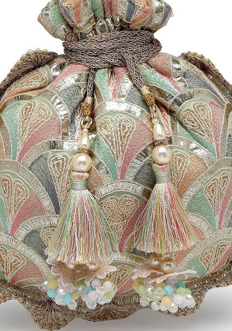 Dangle Champagne Gold And Pastel Multi Scale Embroidered Georgette Potli