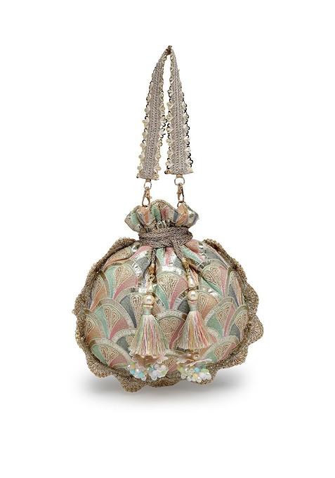 Dangle Champagne Gold And Pastel Multi Scale Embroidered Georgette Potli