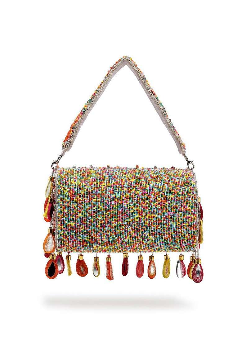 Tipify White And Multi Mirror Work Embellished Velvet Clutch - Indya