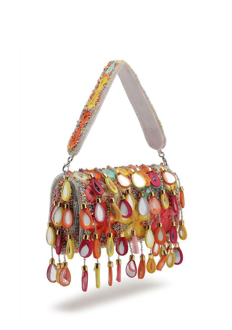 Tipify White And Multi Mirror Work Embellished Velvet Clutch