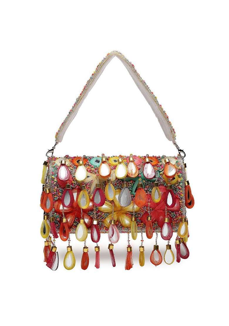 Tipify White And Multi Mirror Work Embellished Velvet Clutch - Indya
