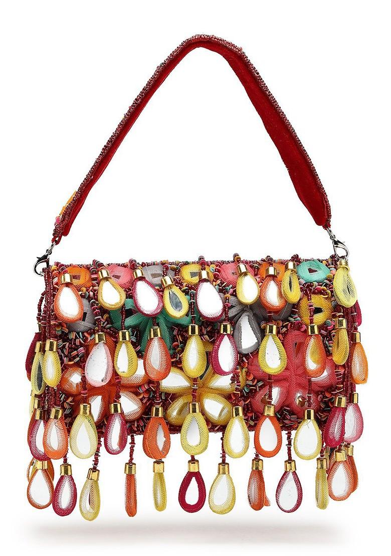 Tipify Maroon And Multi Mirror Work Embellished Velvet Clutch