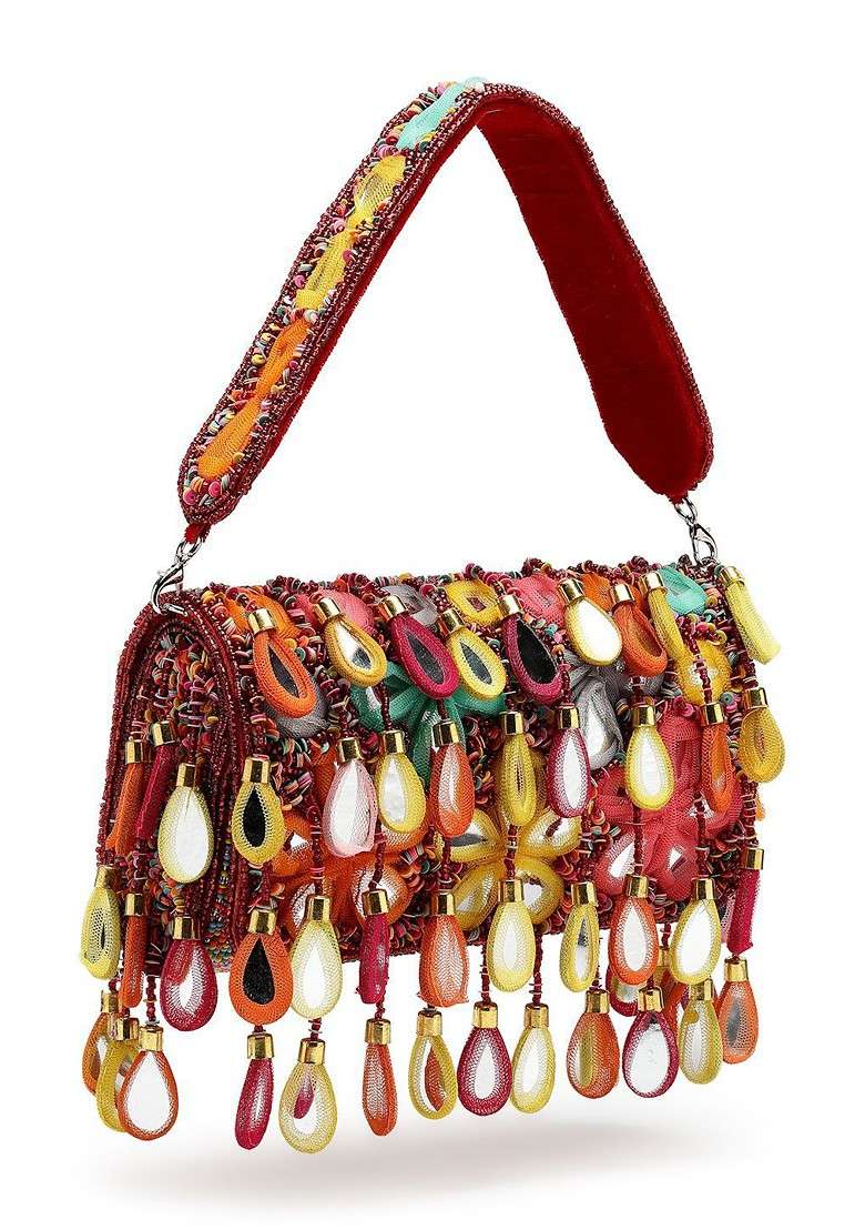 Tipify Maroon And Multi Mirror Work Embellished Velvet Clutch - Indya