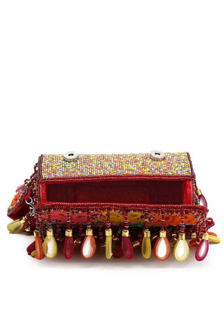 Tipify Maroon And Multi Mirror Work Embellished Velvet Clutch