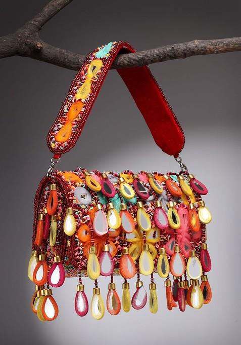 Tipify Maroon And Multi Mirror Work Embellished Velvet Clutch