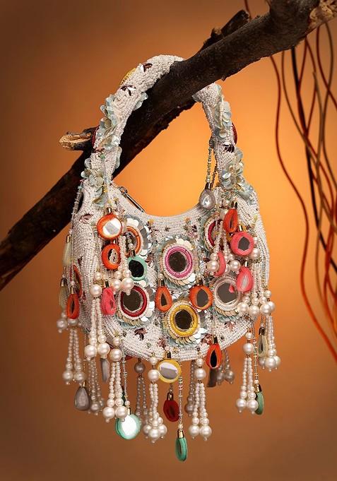 Tipify White And Multi Mirror Work Embellished Velvet Purse