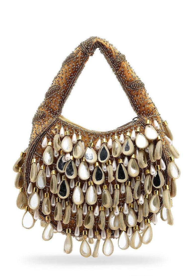 Tipify Camel; Gold And Pearl Mirror Work Embellished Velvet Purse