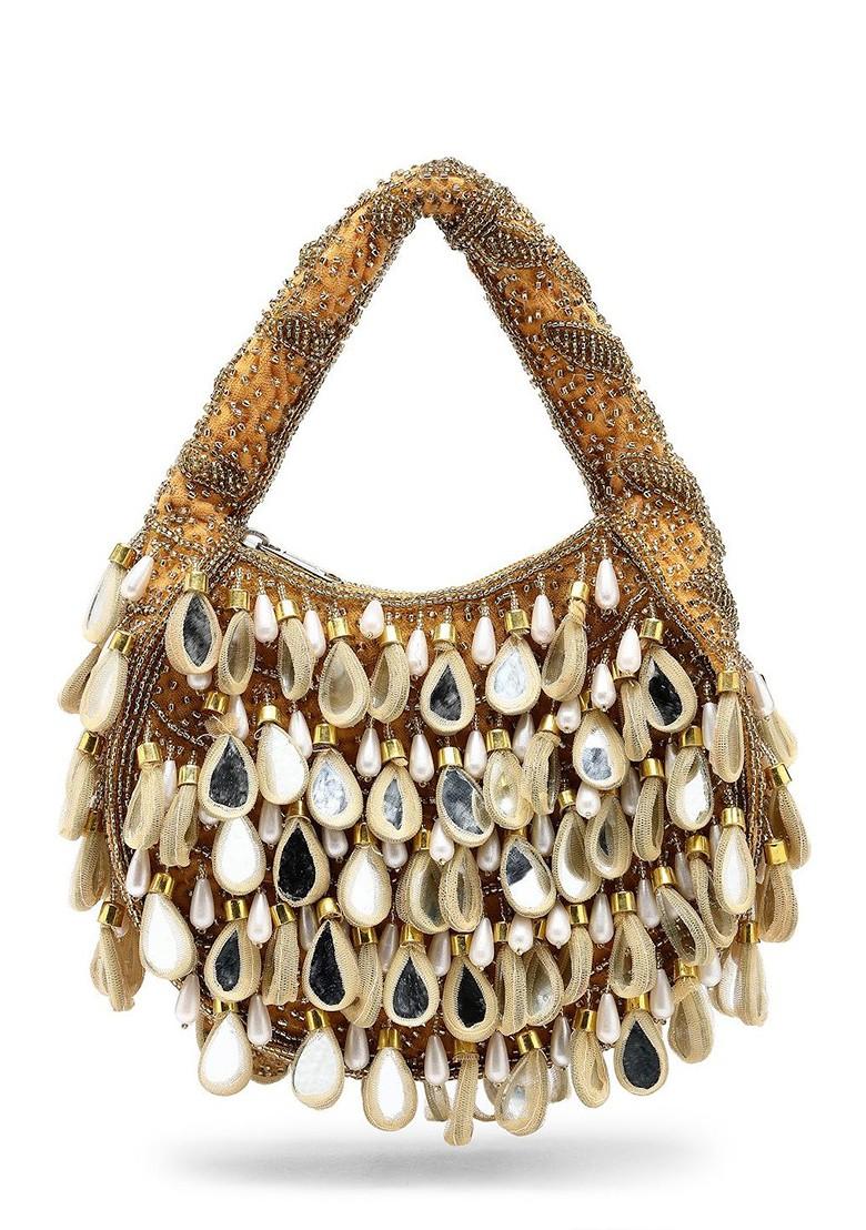 Tipify Camel; Gold And Pearl Mirror Work Embellished Velvet Purse