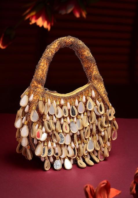 Tipify Camel; Gold And Pearl Mirror Work Embellished Velvet Purse