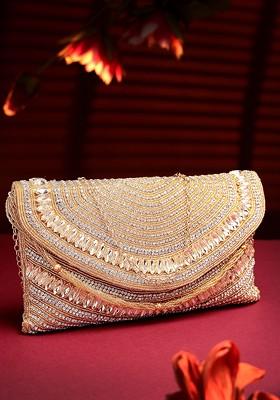 Champagne And Gold Stone Work Embellished Faux Silk Clutch