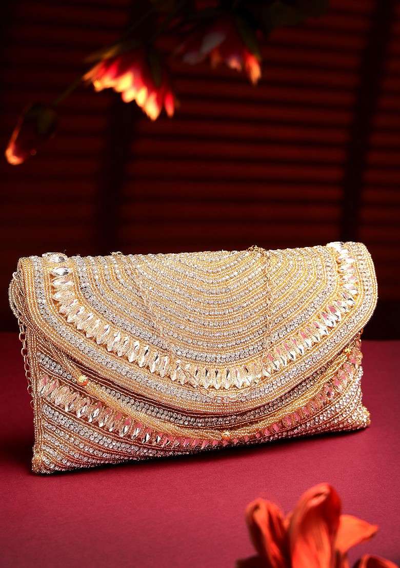 Champagne And Gold Stone Work Embellished Faux Silk Clutch - Indya