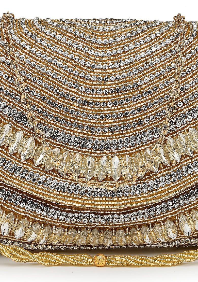 Champagne And Gold Stone Work Embellished Faux Silk Clutch