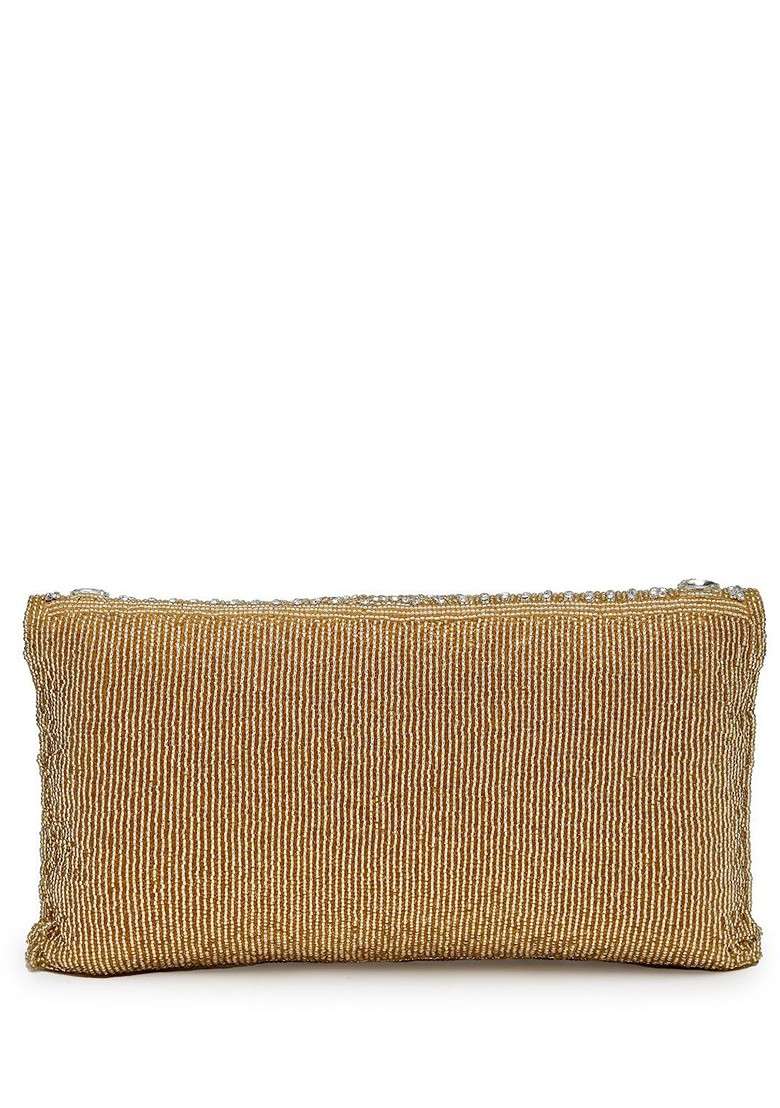 Champagne And Gold Stone Work Embellished Faux Silk Clutch - Indya