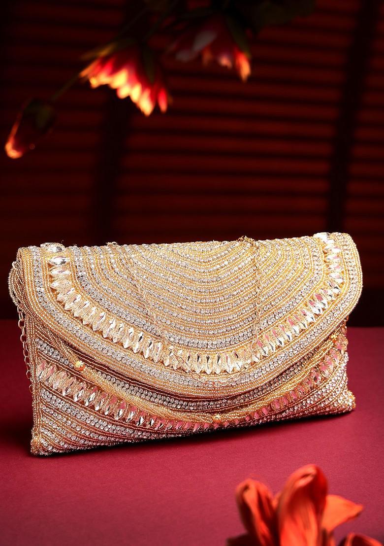 Champagne And Gold Stone Work Embellished Faux Silk Clutch