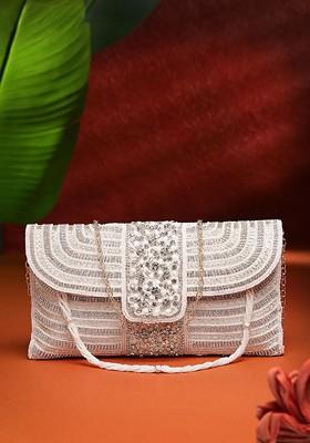 White And Gold Stone Work Embellished Faux Silk Clutch