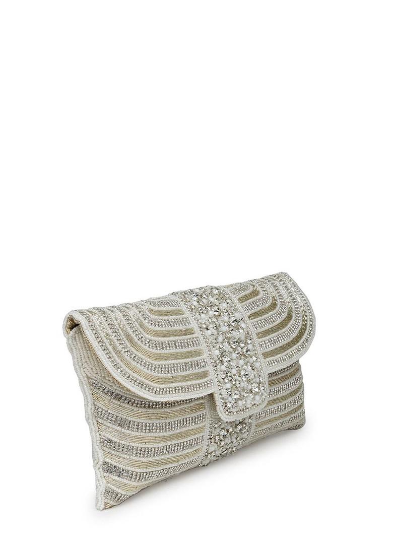 White And Gold Stone Work Embellished Faux Silk Clutch