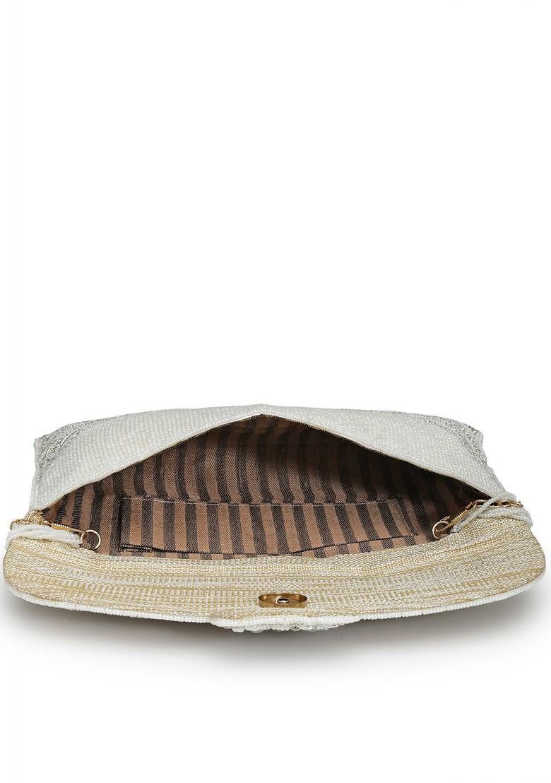 White And Gold Stone Work Embellished Faux Silk Clutch