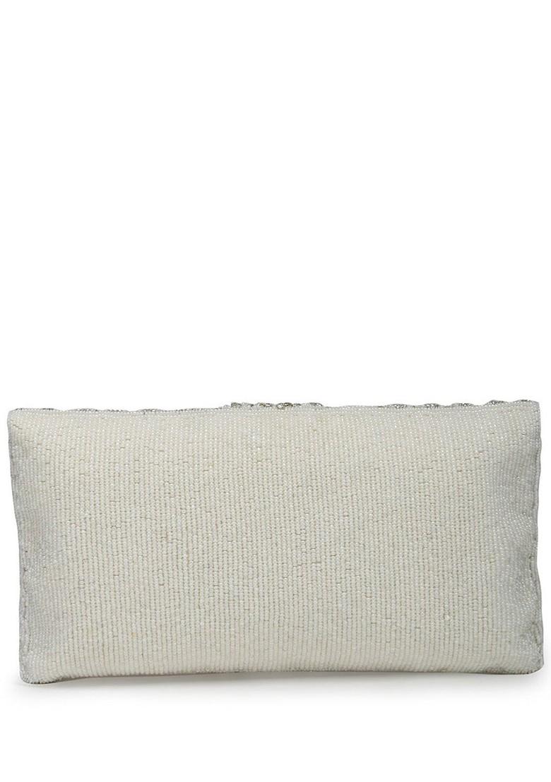 White And Gold Stone Work Embellished Faux Silk Clutch