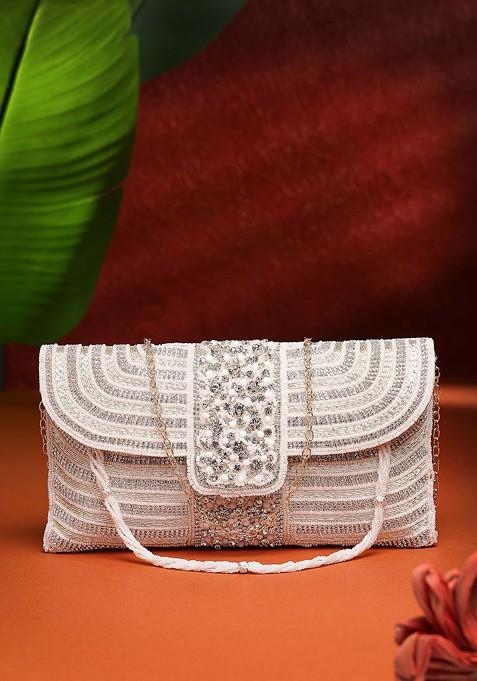 White And Gold Stone Work Embellished Faux Silk Clutch