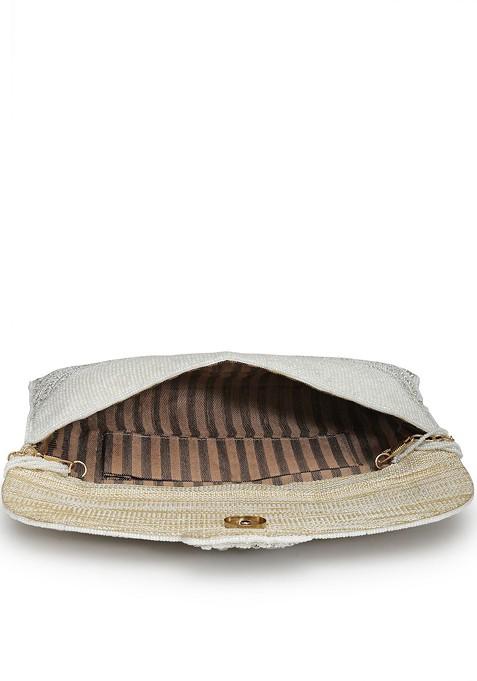 White And Gold Stone Work Embellished Faux Silk Clutch