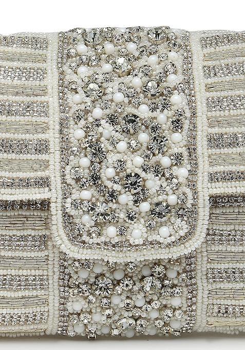White And Gold Stone Work Embellished Faux Silk Clutch