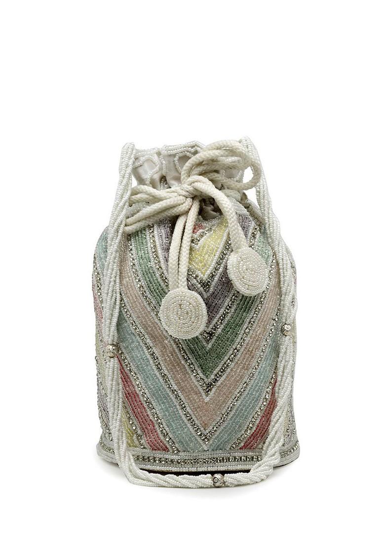Dangle White And Pastel Multi Chevron Embellished Faux Silk Potli