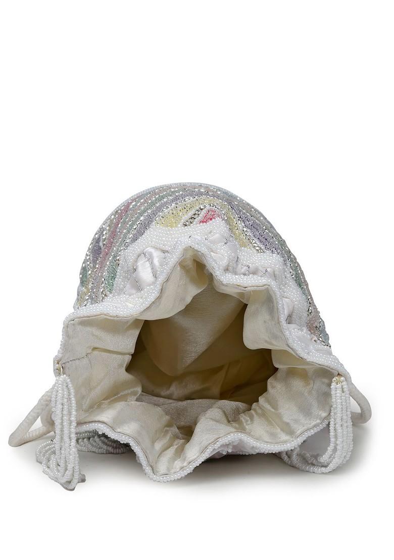 Dangle White And Pastel Multi Chevron Embellished Faux Silk Potli