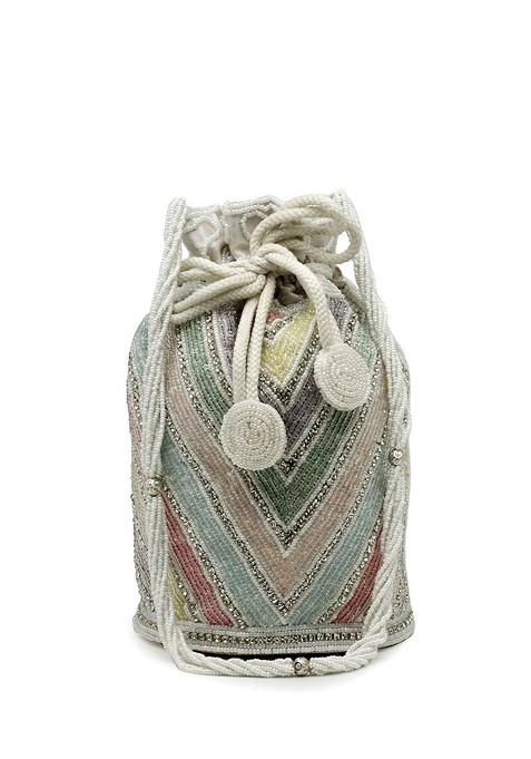 Dangle White And Pastel Multi Chevron Embellished Faux Silk Potli