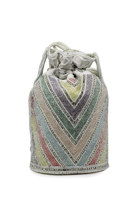Dangle White And Pastel Multi Chevron Embellished Faux Silk Potli
